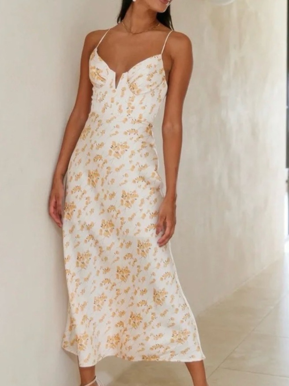 Hello Molly White Slip Midi Dress with Gold Floral Print